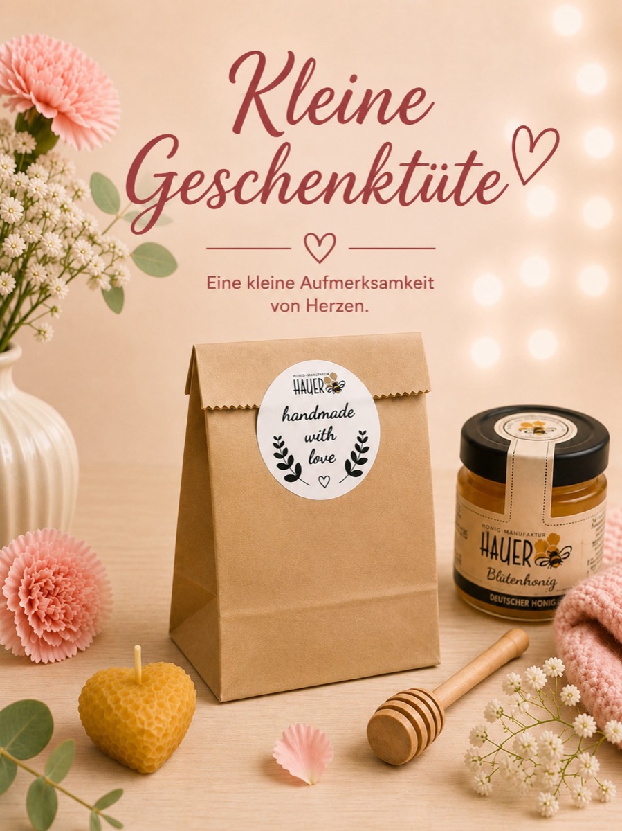 Kleine Geschenktüte der Honigmanufaktur Hauer mit Honig und Bienenwachskerze