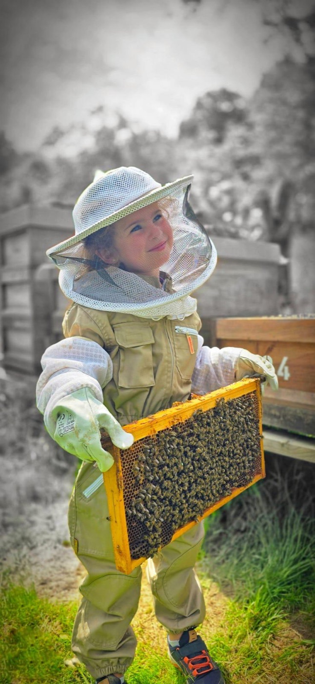 Kind im Imkeranzug hält eine Bienenwabe – Familienimkerei Honigmanufaktur Hauer